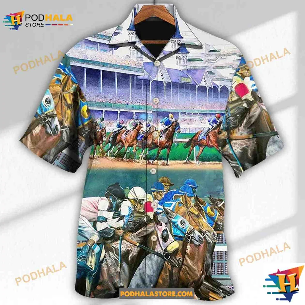 Horse Racing Aloha Shirt Featuring Vibrant Horses And Jockeys In Action