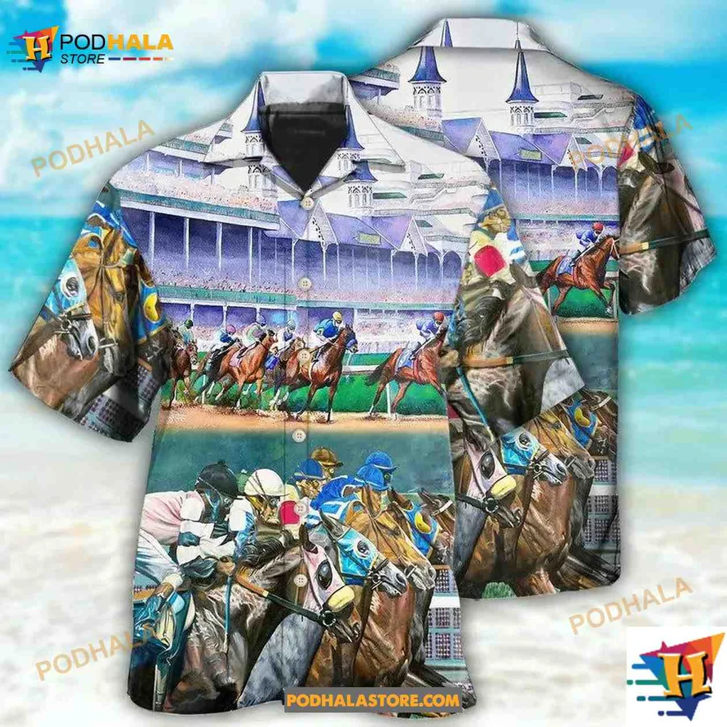 Horse Racing Aloha Shirt With Vibrant Horses And Jockeys In Action