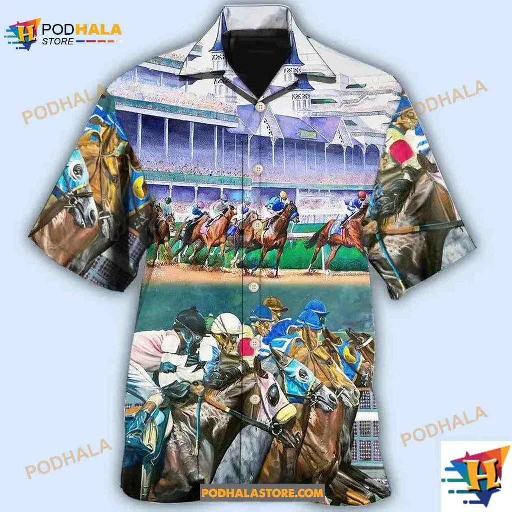 Horse Racing Tropical Shirt With Vibrant Horses And Jockeys In Action Horse Racing Tropical Shirt With Vibrant Horses And Jockeys In Action