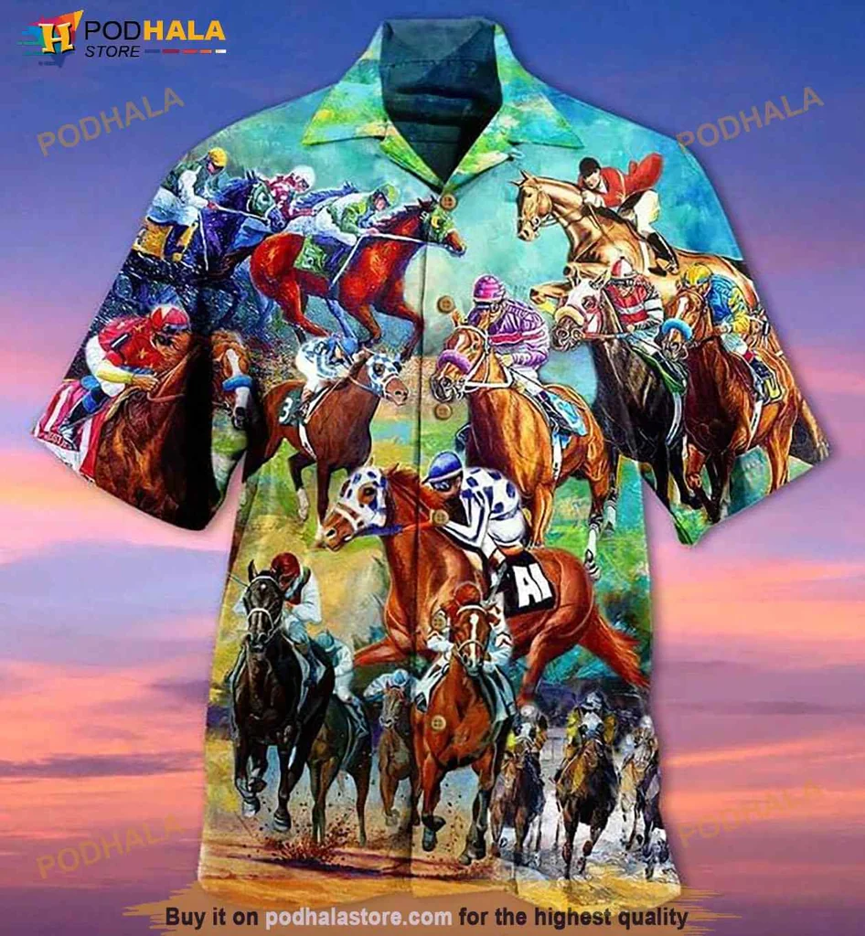 Horse Racing Aloha Shirt With Vibrant Jockey And Horse Print