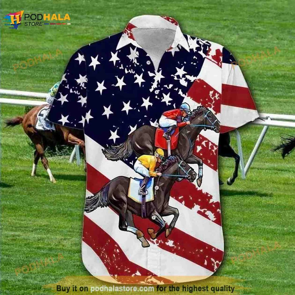 Horse Racing American Flag Hawaiian Shirt Featuring Dynamic Racehorses