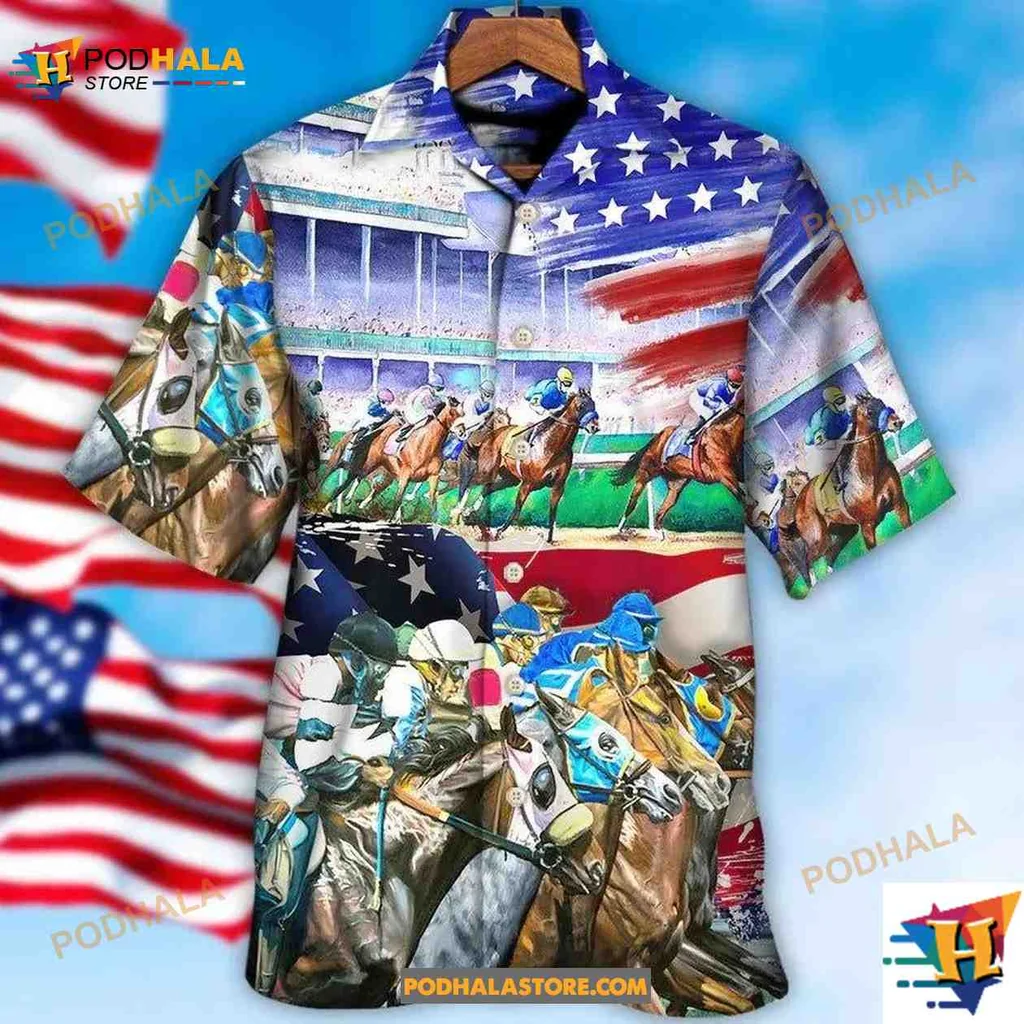 Horse Racing American Flag Aloha Shirt For Horse Lovers Horse Racing American Flag Aloha Shirt For Horse Lovers