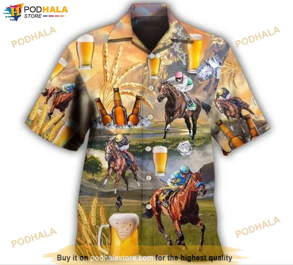 Horse Racing Beer Aloha Shirt, Vibrant Design With Thoroughbreds And Beer Elements