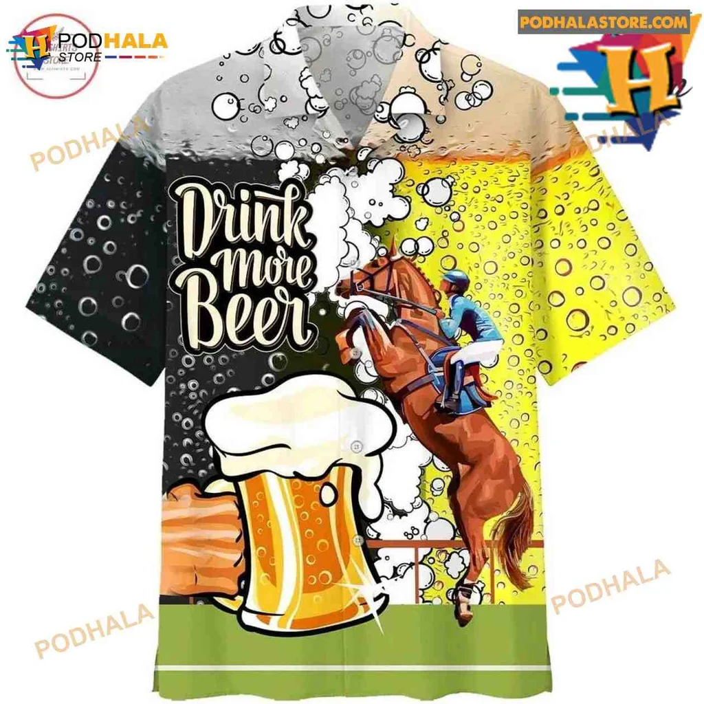 Horse Racing Beer Hawaiian Shirt Featuring Drink More Beer Design