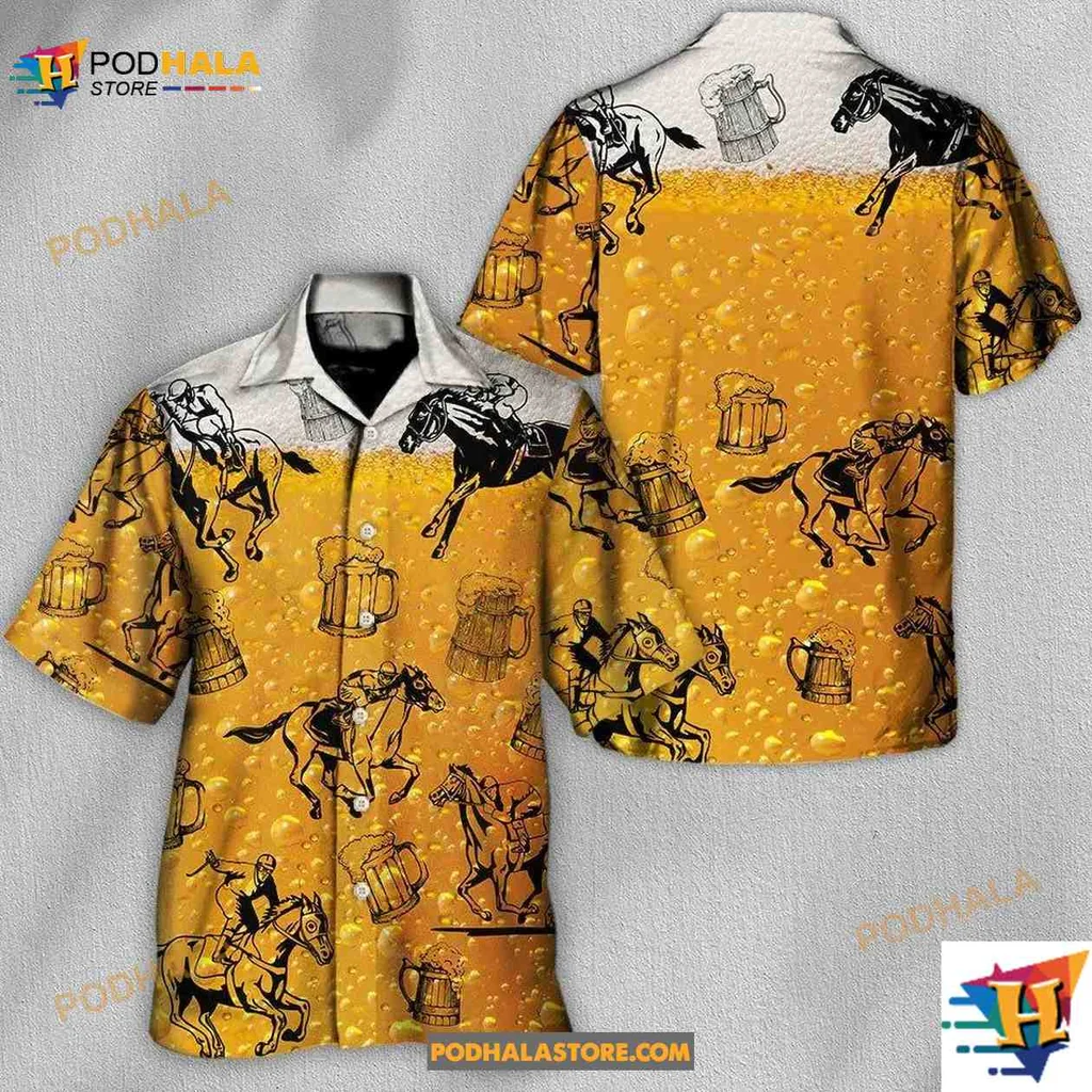 Horse Racing Beer Aloha Shirt For Horse Lovers, Fun Race Day Apparel Horse Racing Beer Aloha Shirt For Horse Lovers, Fun Race Day Apparel