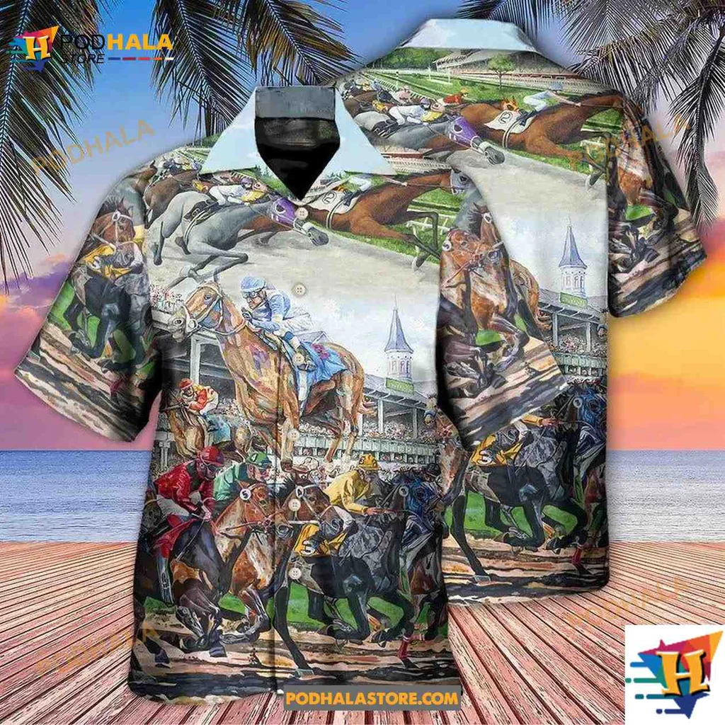 Horse Racing Hawaiian Shirt Featuring Galloping Horses And Jockeys