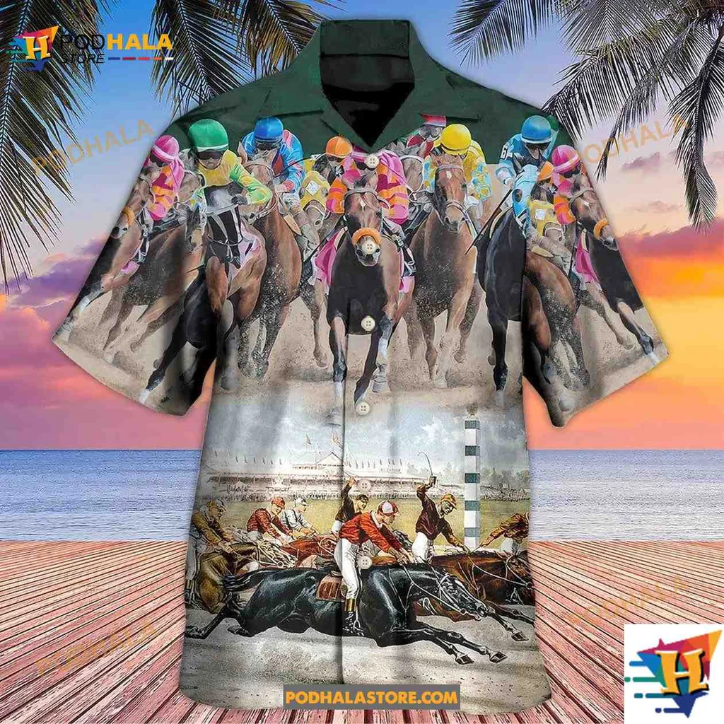 Horse Racing Hawaiian Shirt Featuring Jockeys And Galloping Horses