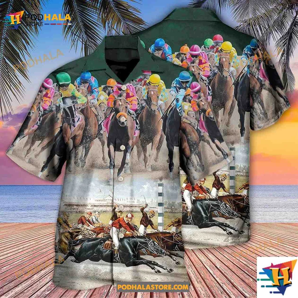 Horse Racing Aloha Shirt Featuring Jockeys And Galloping Horses Horse Racing Aloha Shirt Featuring Jockeys And Galloping Horses