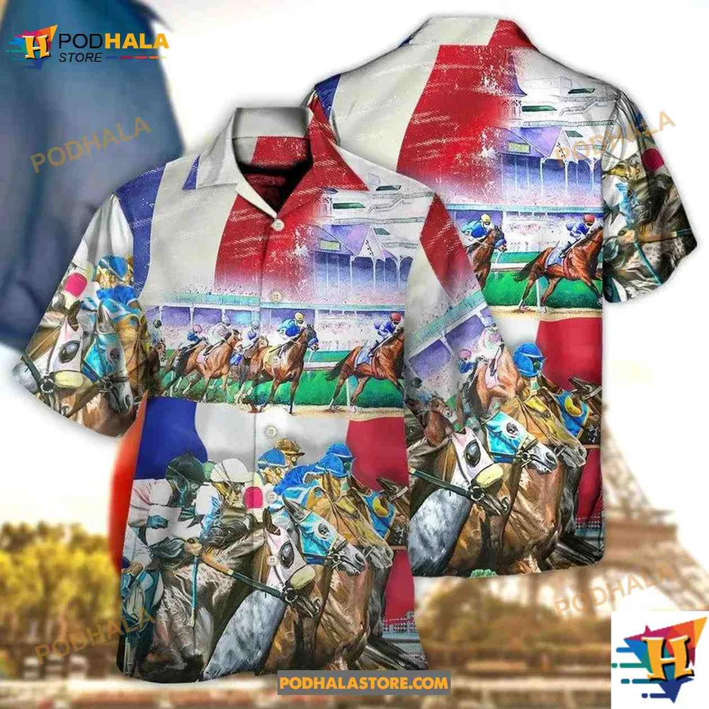 Horse Racing Hawaiian Shirt Featuring Vibrant Jockeys And French Colors