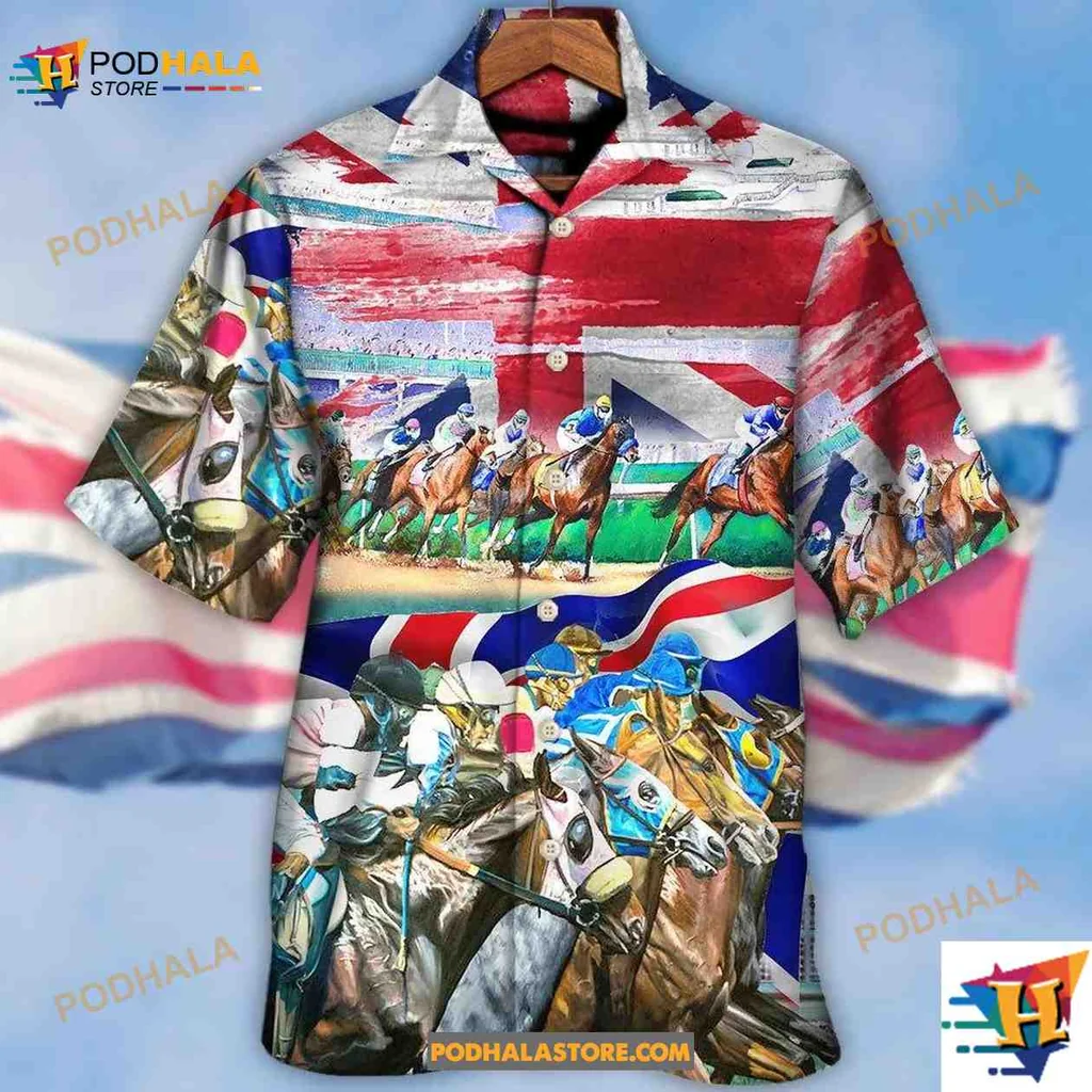 Horse Racing Patriotic Hawaiian Shirt With Galloping Horses And British Flag