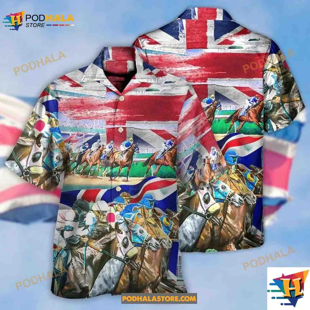 Horse Racing Union Jack Hawaiian Shirt Featuring Dynamic Horses And Jockeys