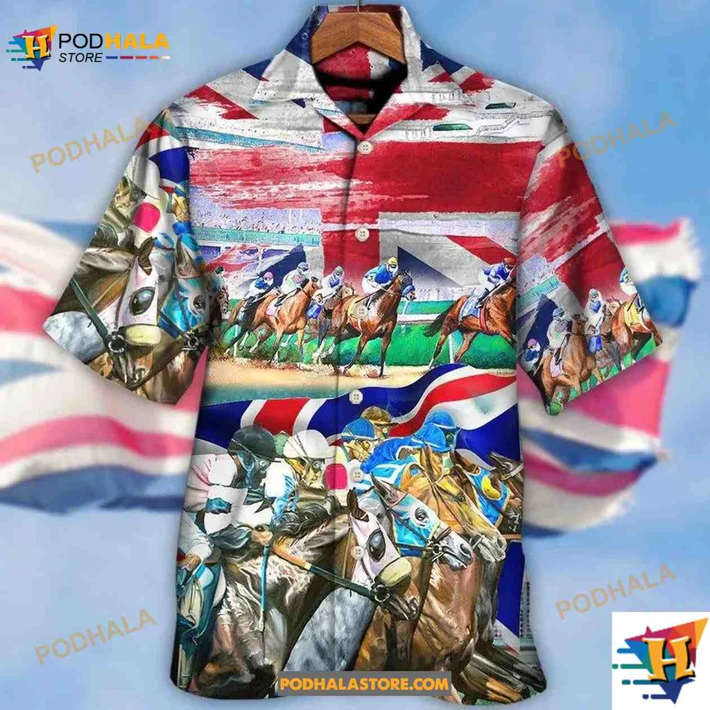 Horse Racing Union Jack Aloha Shirt Featuring Dynamic Horses And Jockeys Horse Racing Union Jack Aloha Shirt Featuring Dynamic Horses And Jockeys