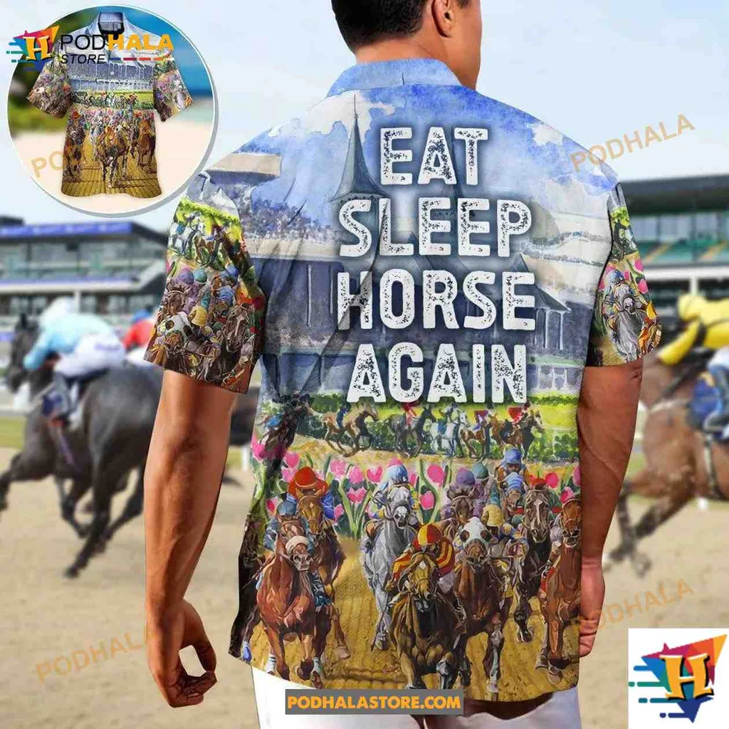 Horseback Riding Tropical Shirt Featuring Eat Sleep Horse Again Design Horseback Riding Tropical Shirt Featuring Eat Sleep Horse Again Design
