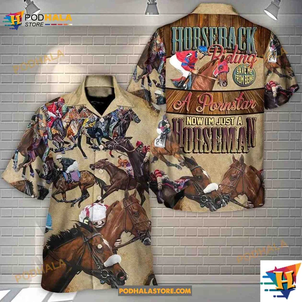 Horseback Riding Hawaiian Shirt Featuring Colorful Jockeys And Horses