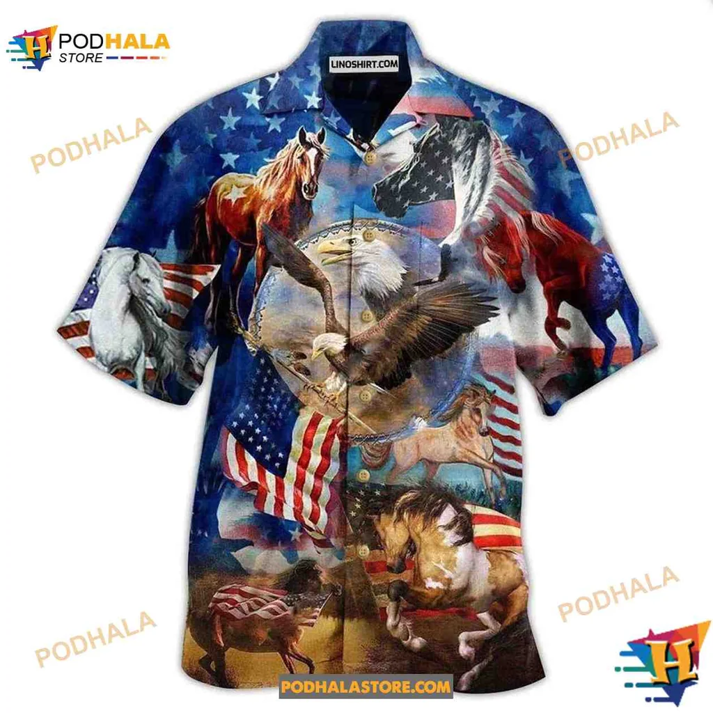 Horses American Flag Hawaiian Shirt, Patriotic Design For Horse Lovers