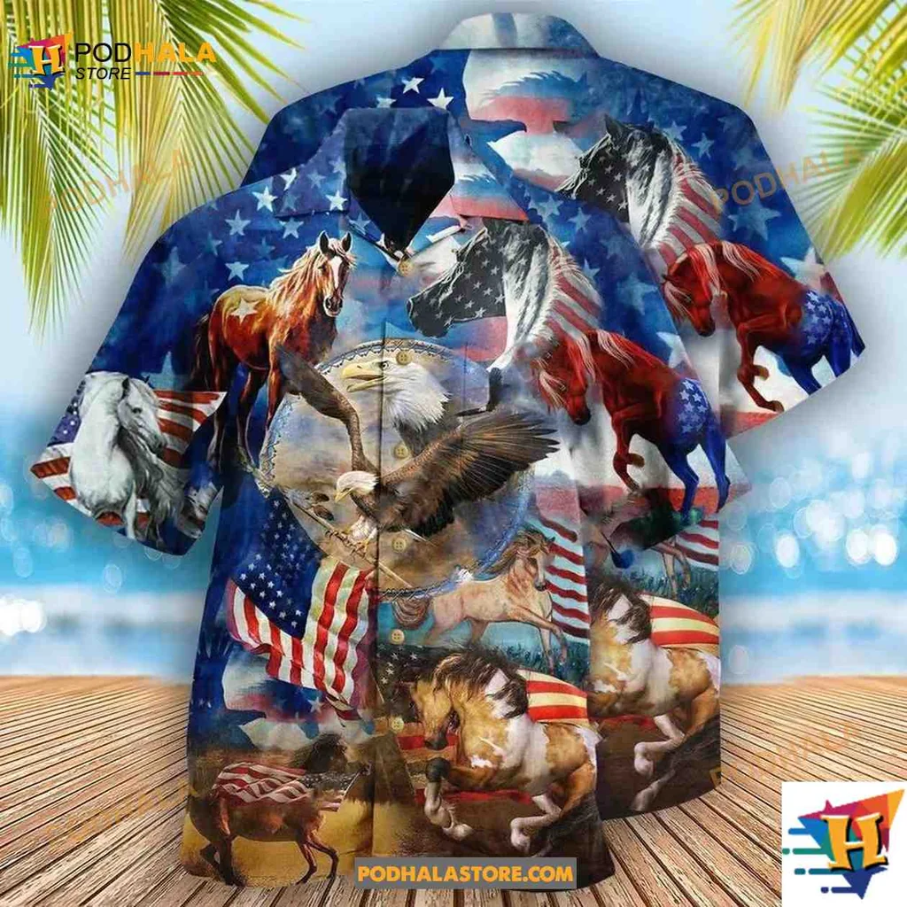 Horses American Flag Aloha Shirt, Patriotic Design For Horse Lovers Horses American Flag Aloha Shirt, Patriotic Design For Horse Lovers