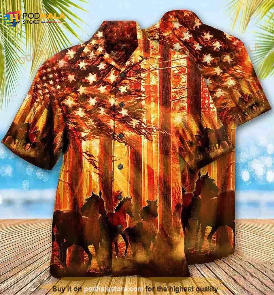 Horses American Flag Hawaiian Shirt, Vibrant Equestrian Design