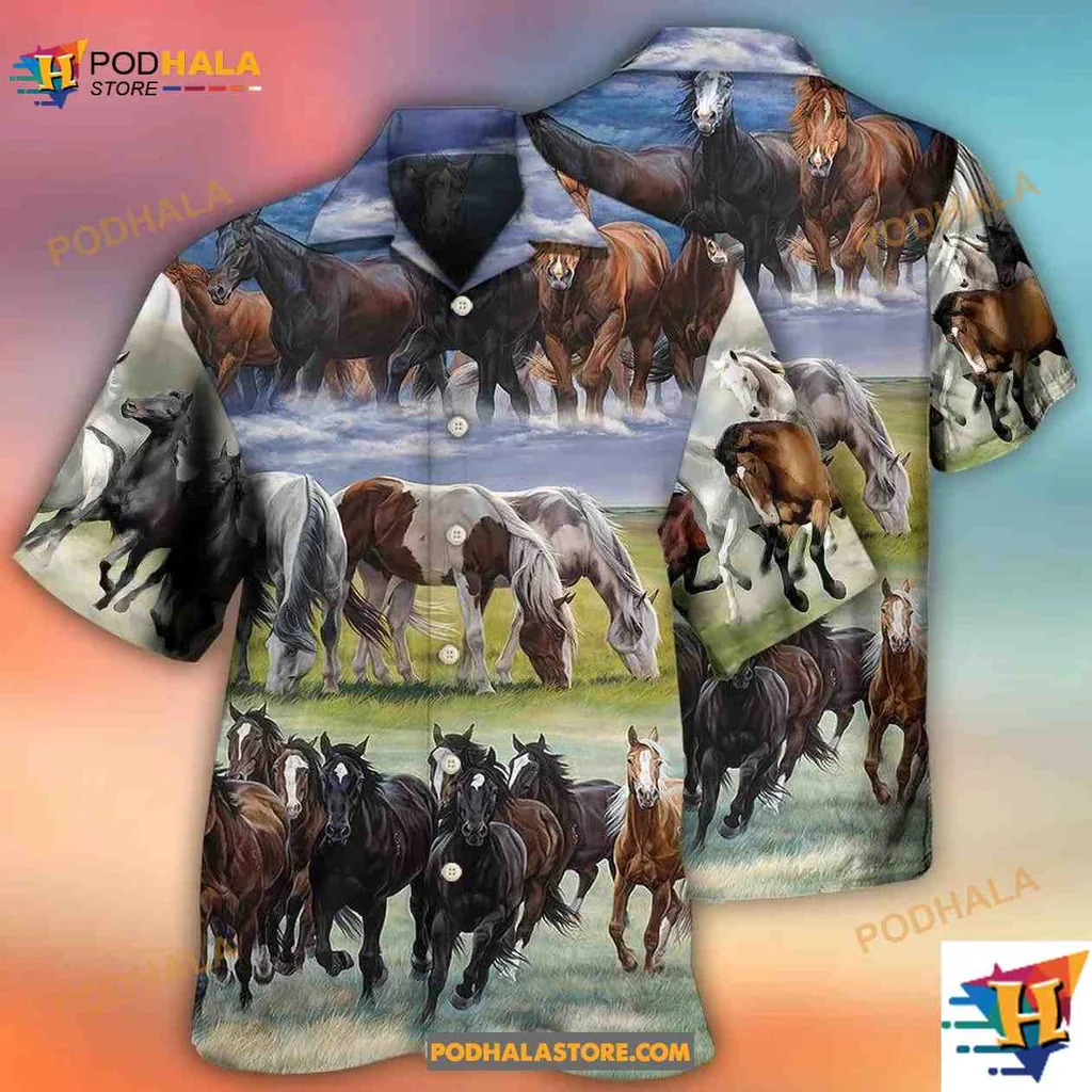 Horses Running Hawaiian Shirt, Vibrant Equestrian Art For Horse Lovers