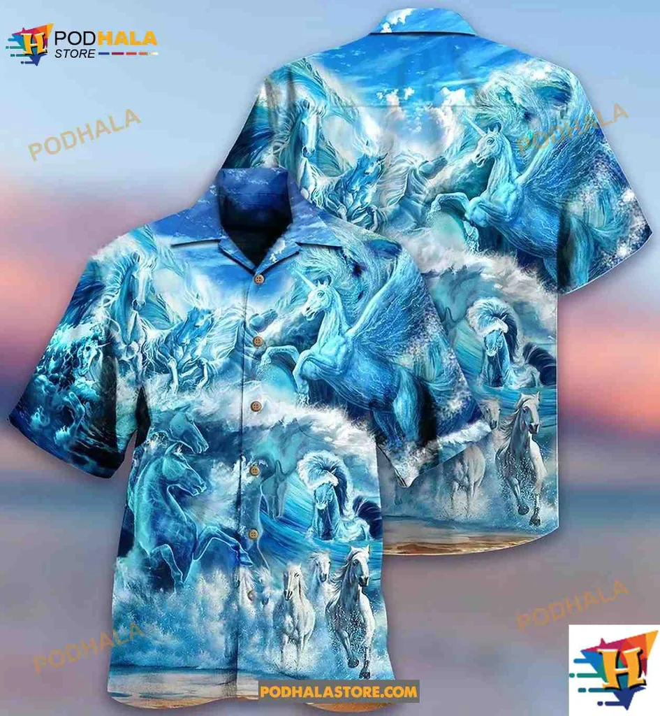 Horses Running Ocean Hawaiian Shirt, Vibrant Design For Horse Lovers