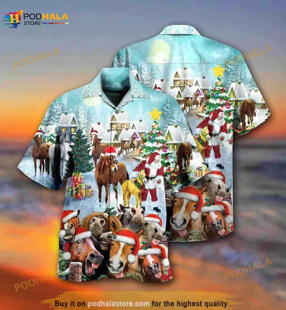 Horses With Santa Hats Hawaiian Shirt, Festive Holiday Apparel