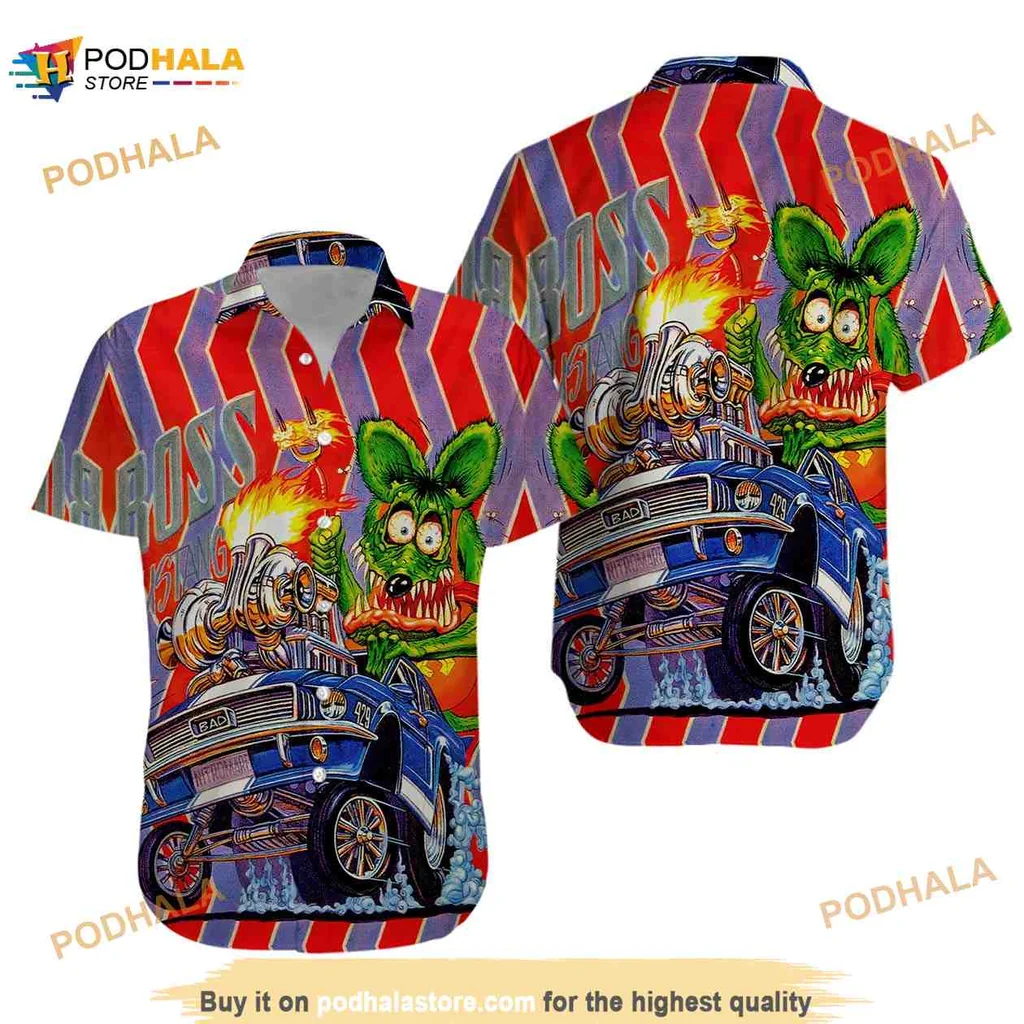 Hot Rod Cartoon Hawaiian Shirt With Vibrant Design And Playful Characters Hot Rod Cartoon Hawaiian Shirt With Vibrant Design And Playful Characters