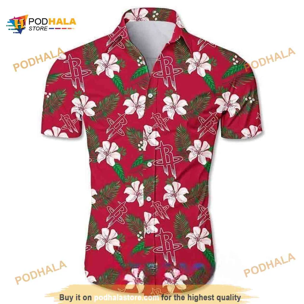Houston Rockets Tropical Shirt With Hibiscus Flowers And Palm Leaves