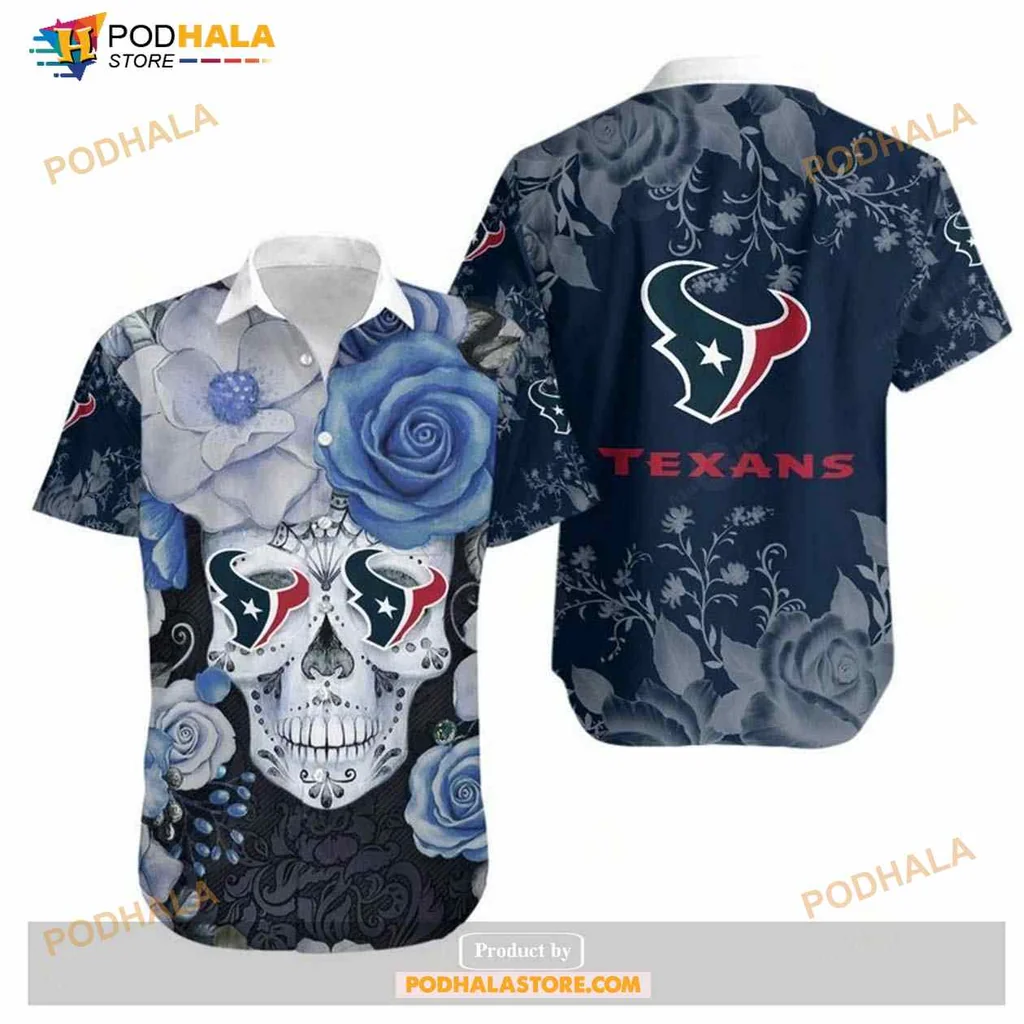 Houston Texans Skull Floral Hawaiian Shirt With Blue Roses And Logo