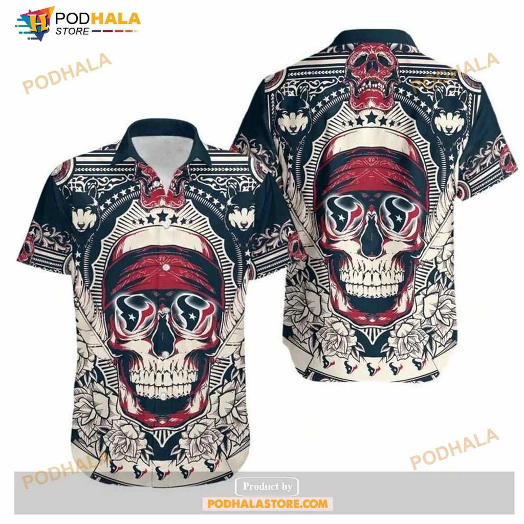 Houston Texans Skull Hawaiian Shirt With Floral Patterns And Red Bandana