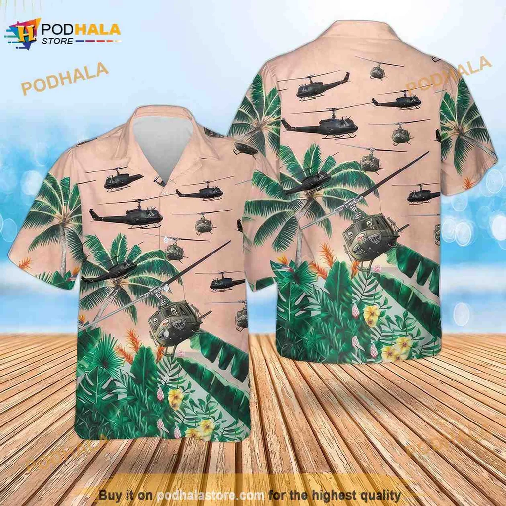 Huey Helicopter Hawaiian Shirt Featuring Military Aviation And Tropical Design