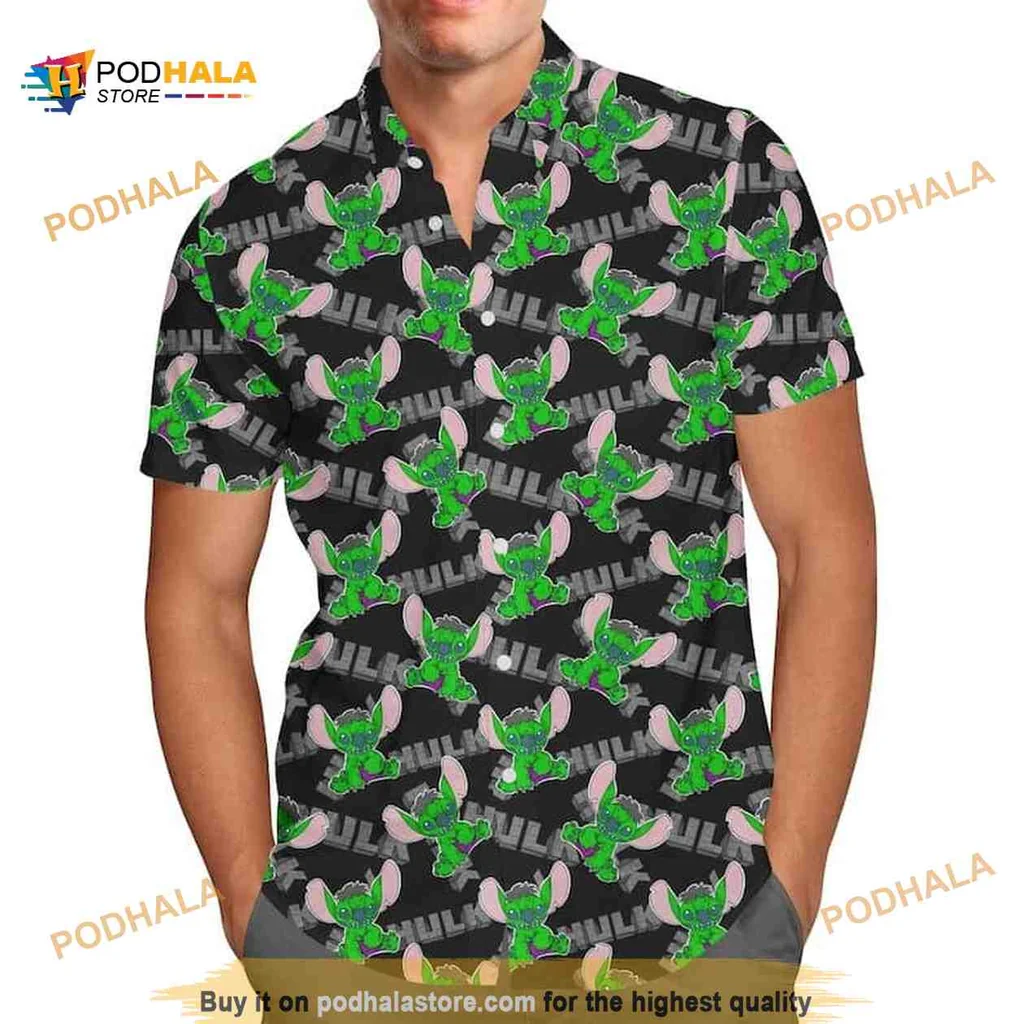 Hulk Stitch Hawaiian Shirt Featuring Playful Cartoon Design For Adults