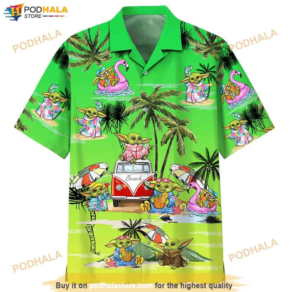 Humorous Baby Yoda Hawaiian Shirt, Fun Tropical Design With Baby Yoda Lounging And Riding Vintage Van