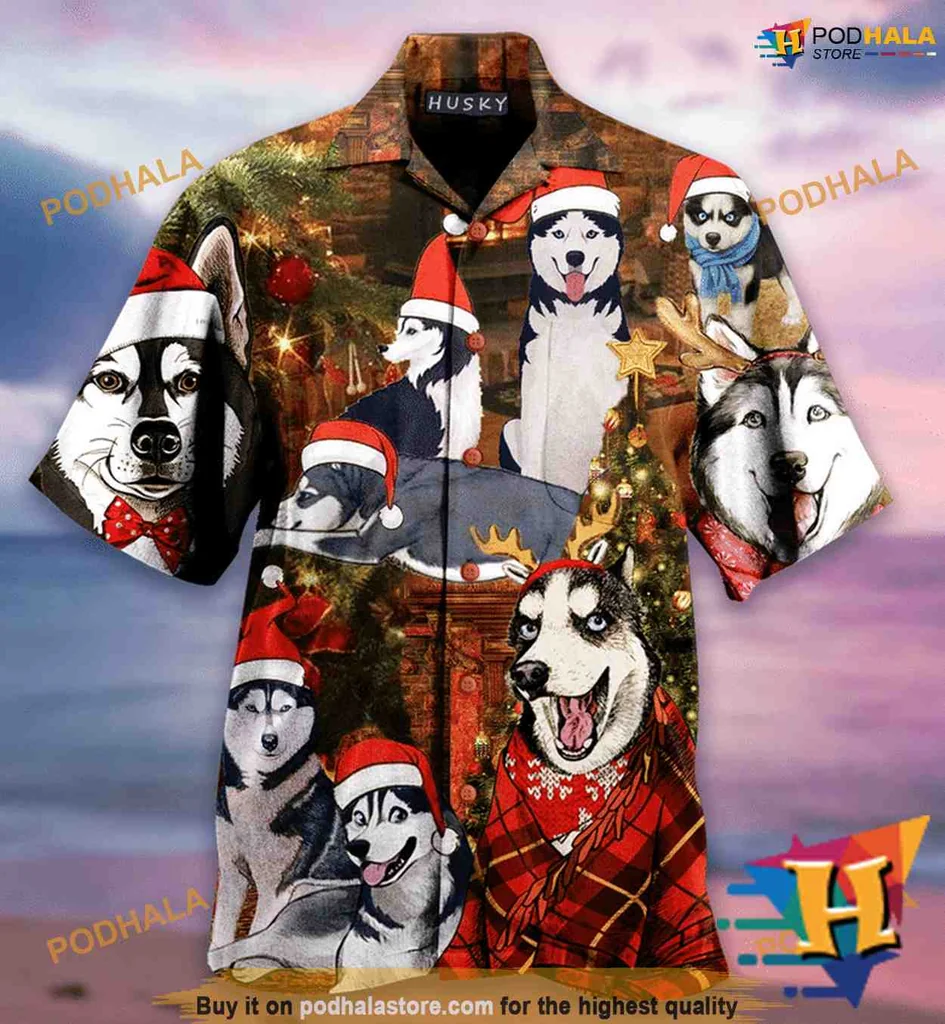 Husky Christmas Aloha Shirt Featuring Festive Huskies And Holiday Cheer