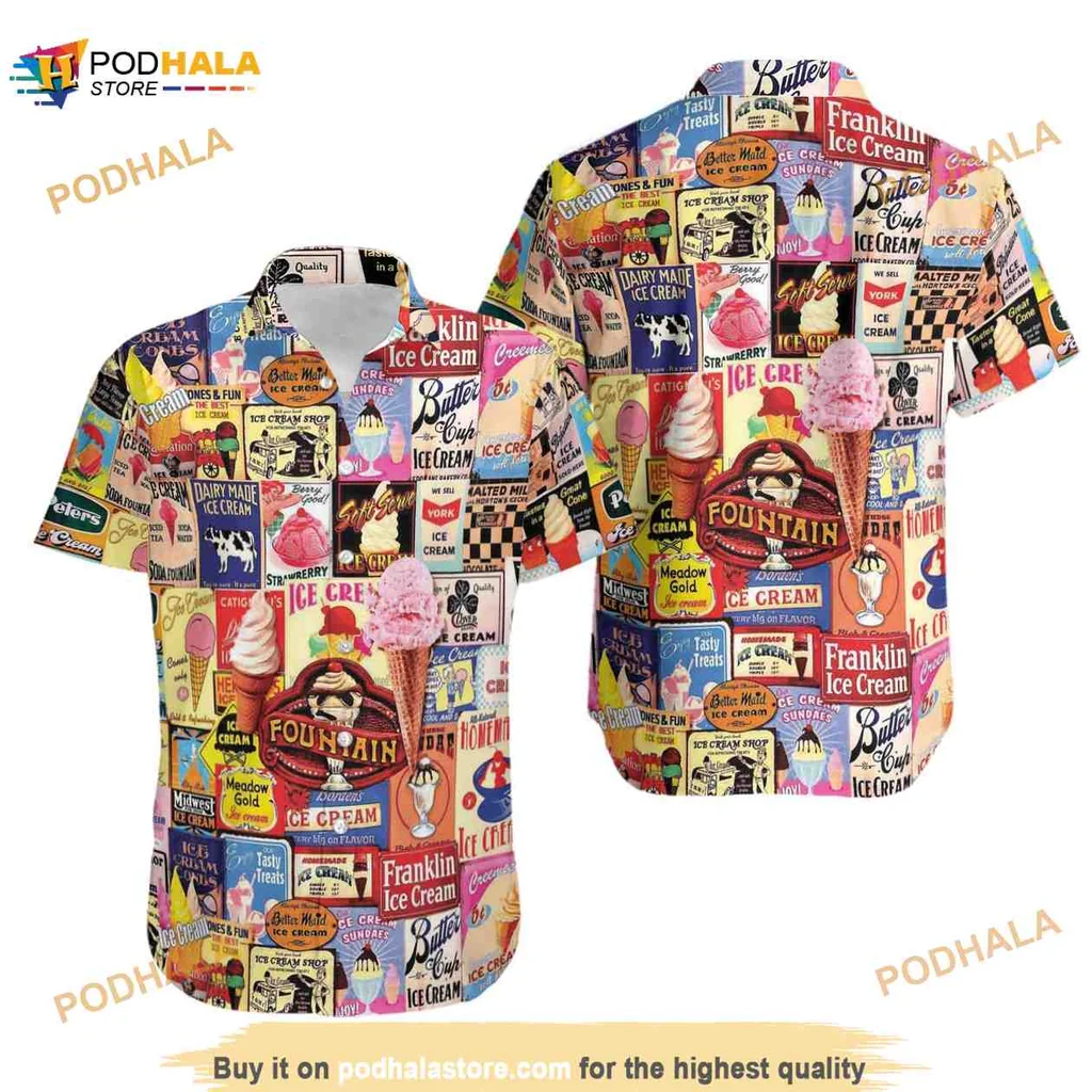 Ice Cream Pattern Hawaiian Shirt With Colorful Cones And Sundaes
