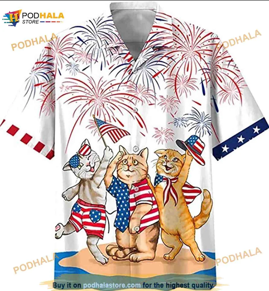 Independence Day Cartoon Cats Hawaiian Shirt With Fireworks Design