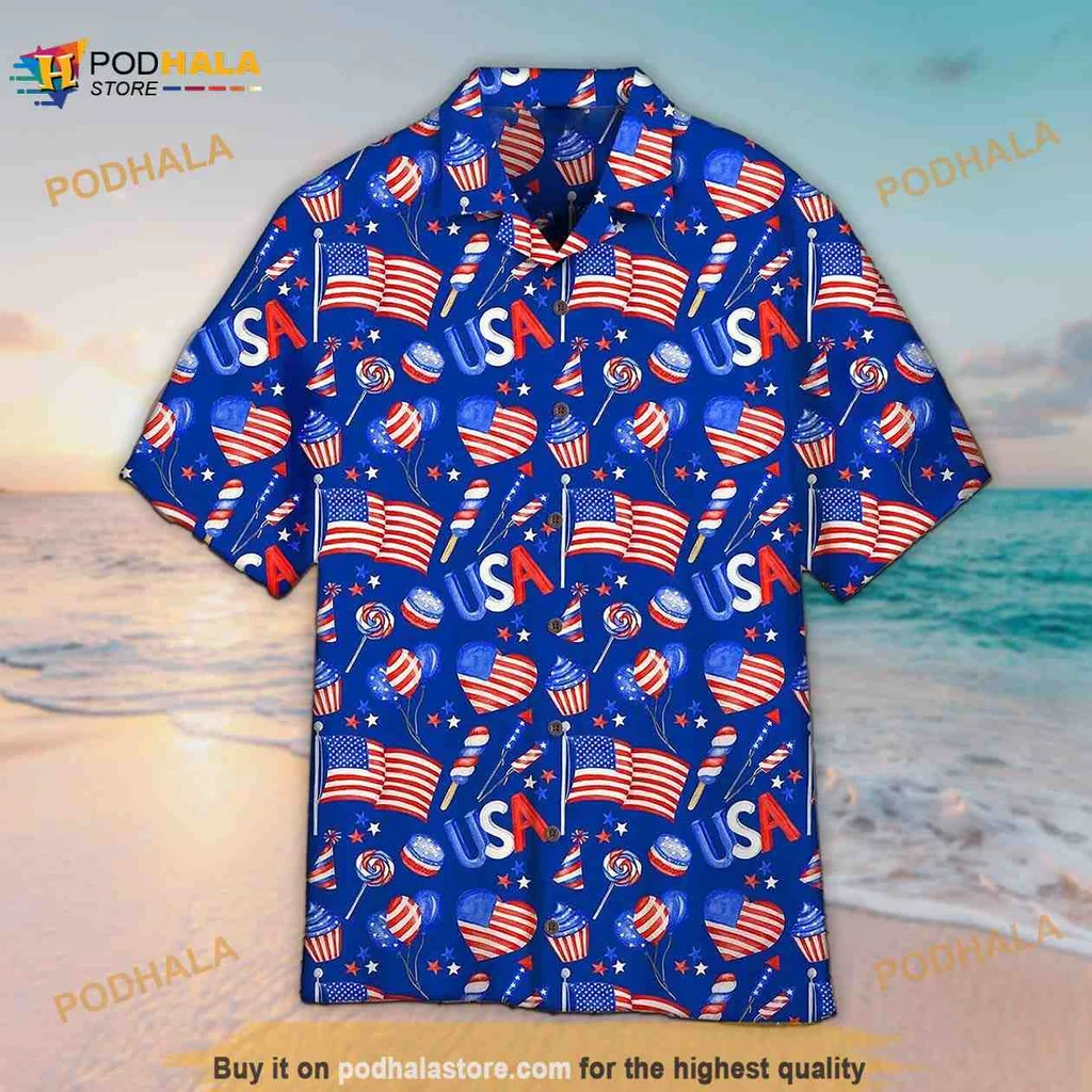 Independence Day Patriotic Hawaiian Shirt With American Flags And Fireworks