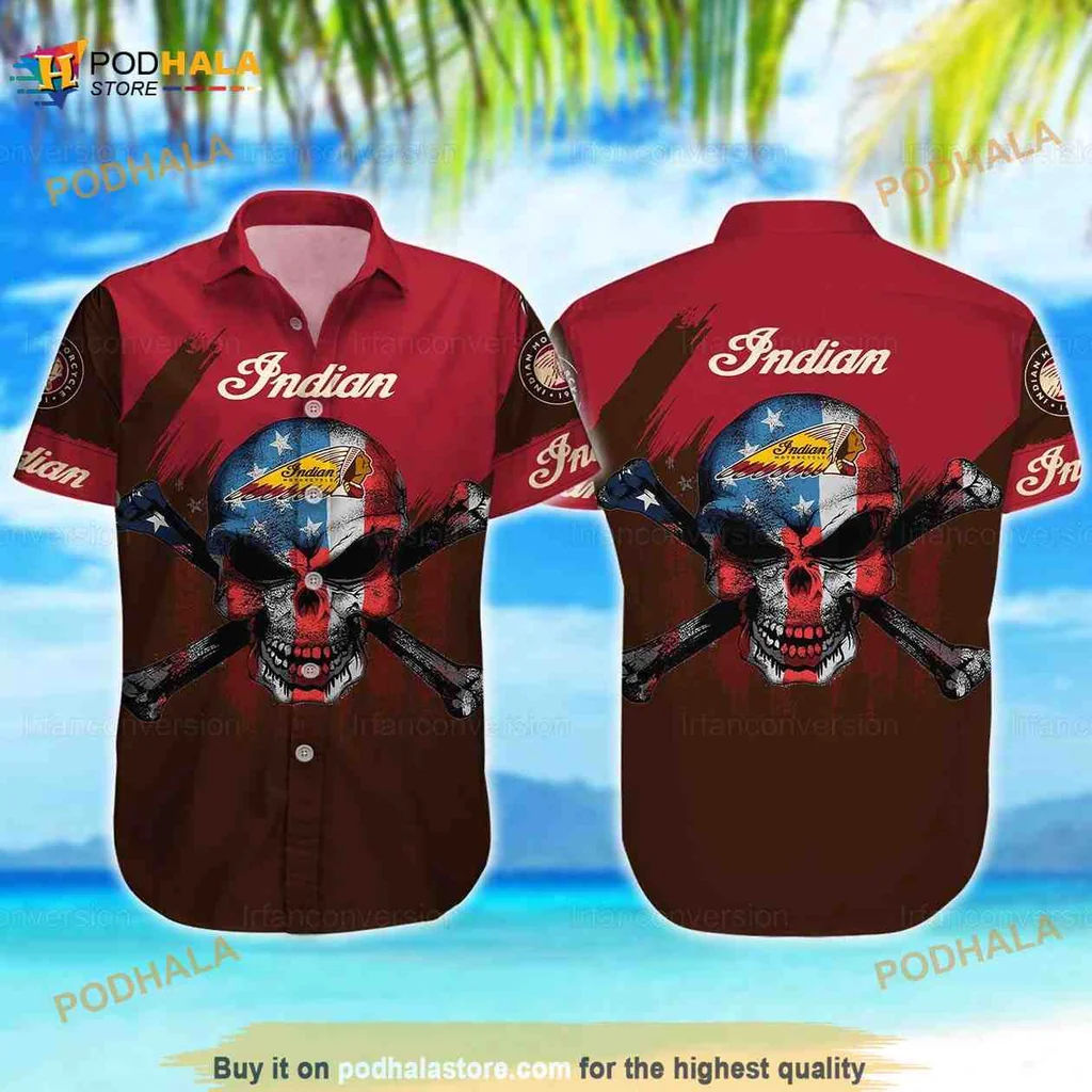 Indian Motorcycle Skull Aloha Shirt, Vibrant Biker Design With Crossed Bones
