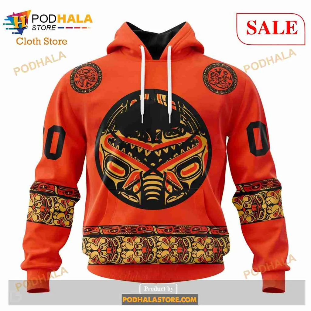 Indigenous Art Buffalo Sabres Hoodie, Vibrant Orange Design