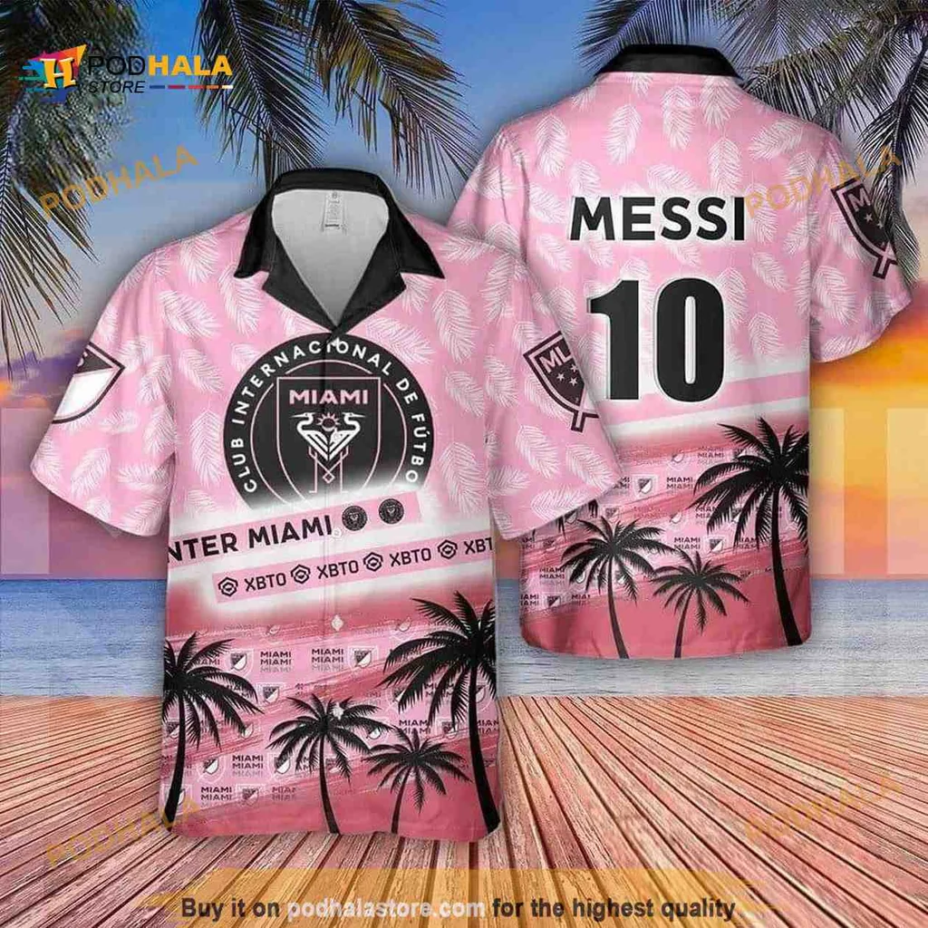 Inter Miami Vintage Hawaiian Shirt Featuring Messi Logo And Palm Trees