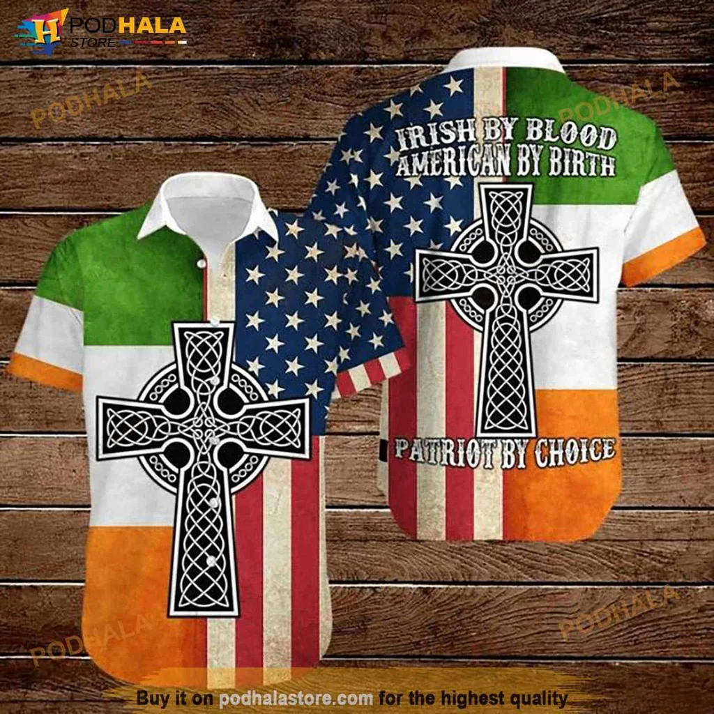 Irish American Patriotic Hawaiian Shirt With Celtic Cross Design