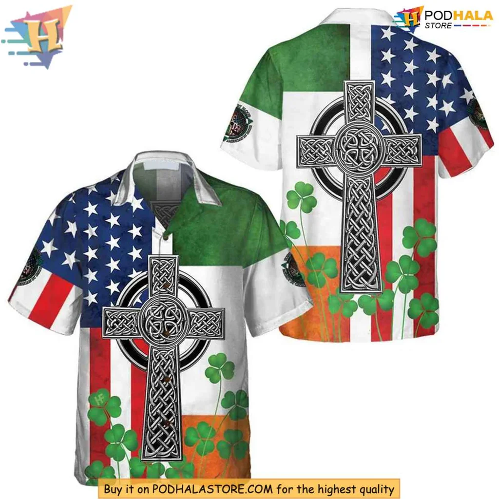 Irish Flag Celtic Cross Hawaiian Shirt With Shamrocks For St Patricks Day