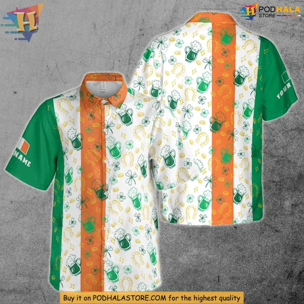 Irish Flag Shamrock Hawaiian Shirt With Leprechaun Hats And Beer Mugs