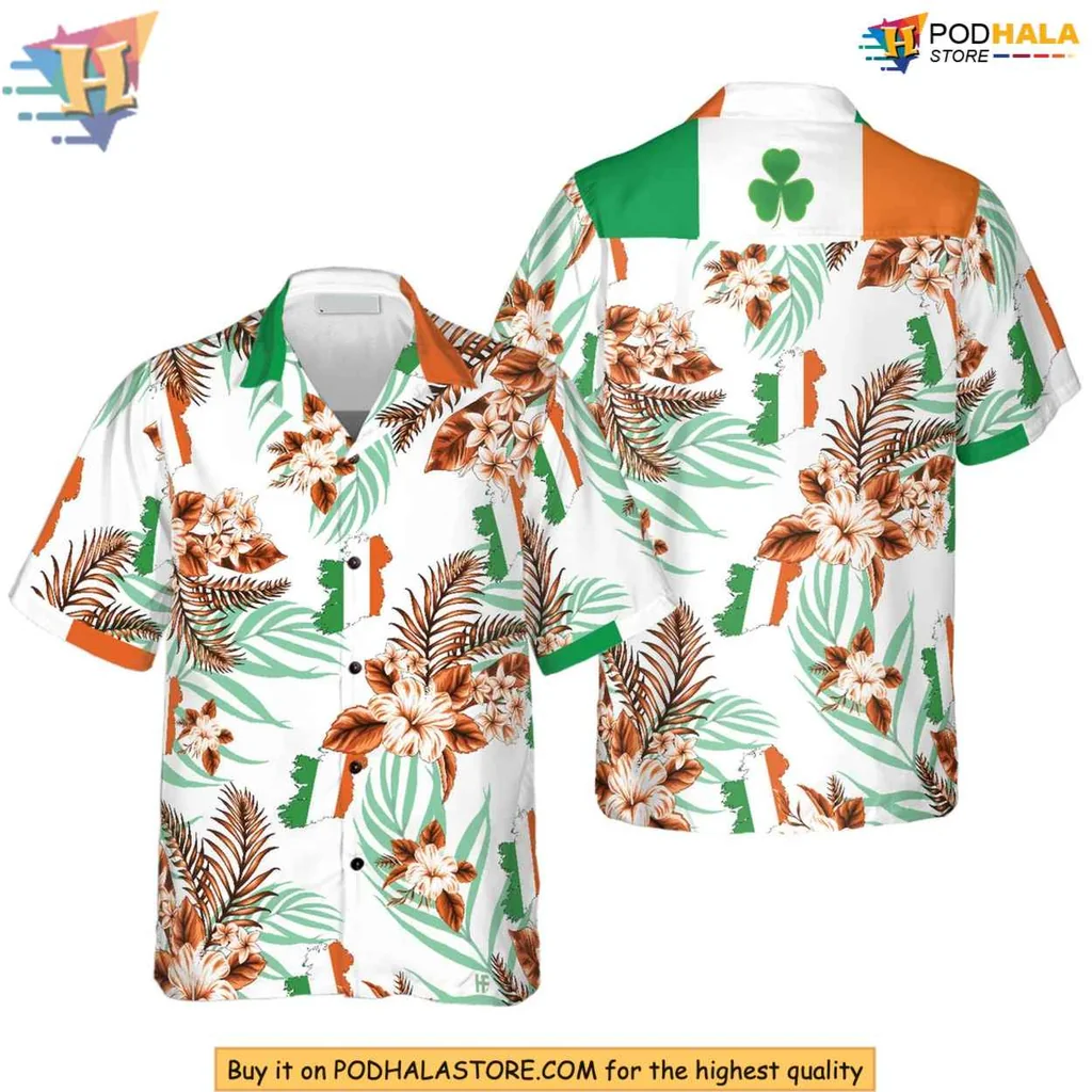 Irish Flag Shamrock Hawaiian Shirt With Tropical Flowers