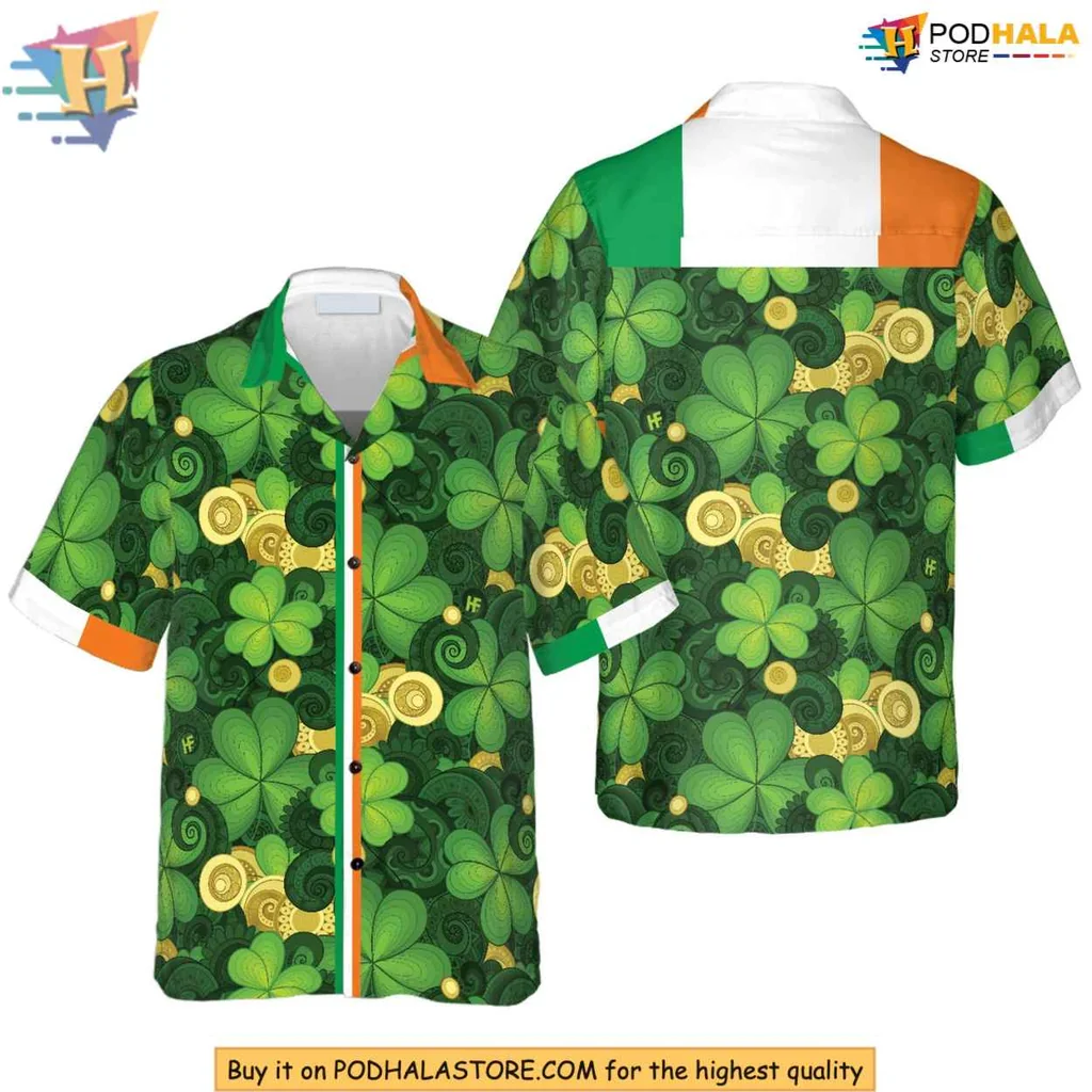 Irish Shamrock Hawaiian Shirt With Golden Swirls For St Patricks Day