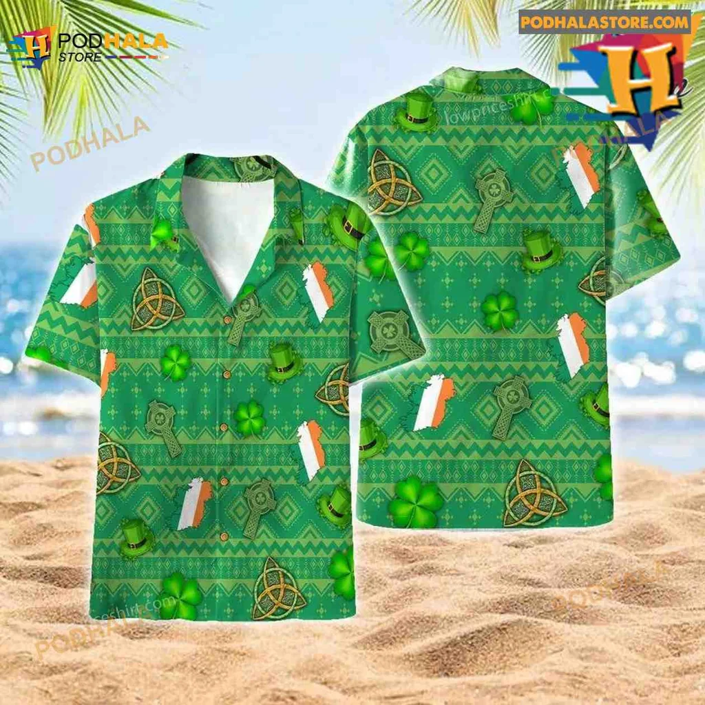 Irish St Patricks Day Hawaiian Shirt With Celtic Cross And Triquetra