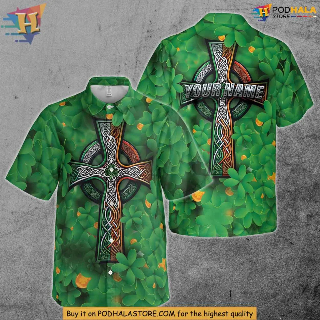 Irish Themed Hawaiian Shirt With Celtic Cross And Shamrocks