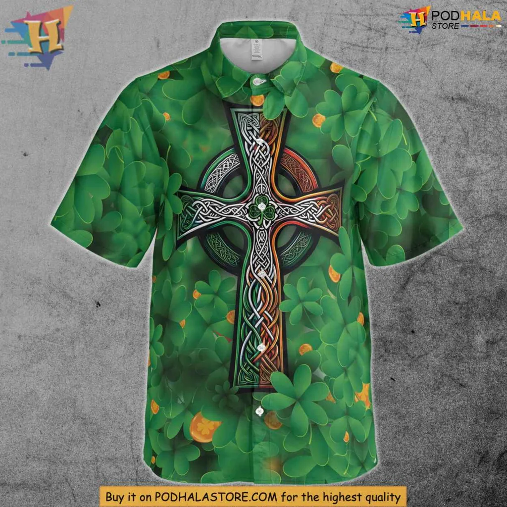 Irish Themed Aloha Shirt With Celtic Cross And Shamrocks Irish Themed Aloha Shirt With Celtic Cross And Shamrocks