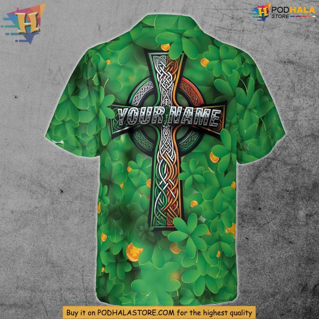 Irish Themed Tropical Shirt With Celtic Cross And Shamrocks Irish Themed Tropical Shirt With Celtic Cross And Shamrocks