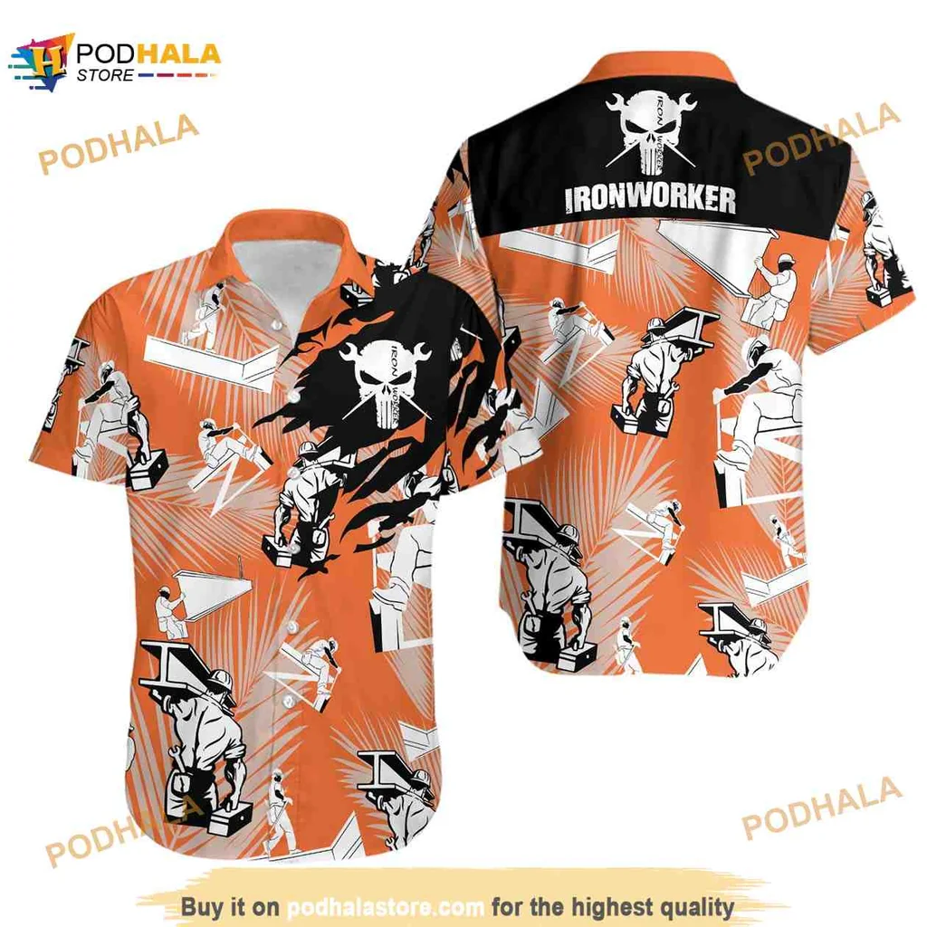Ironworker Skull Funny Hawaiian Shirt With Vibrant Orange Background