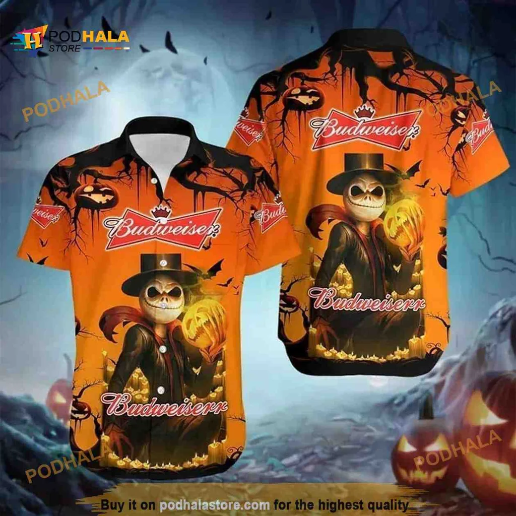 Jack Skellington Budweiser Aloha Shirt, Halloween Themed Hawaiian Shirt