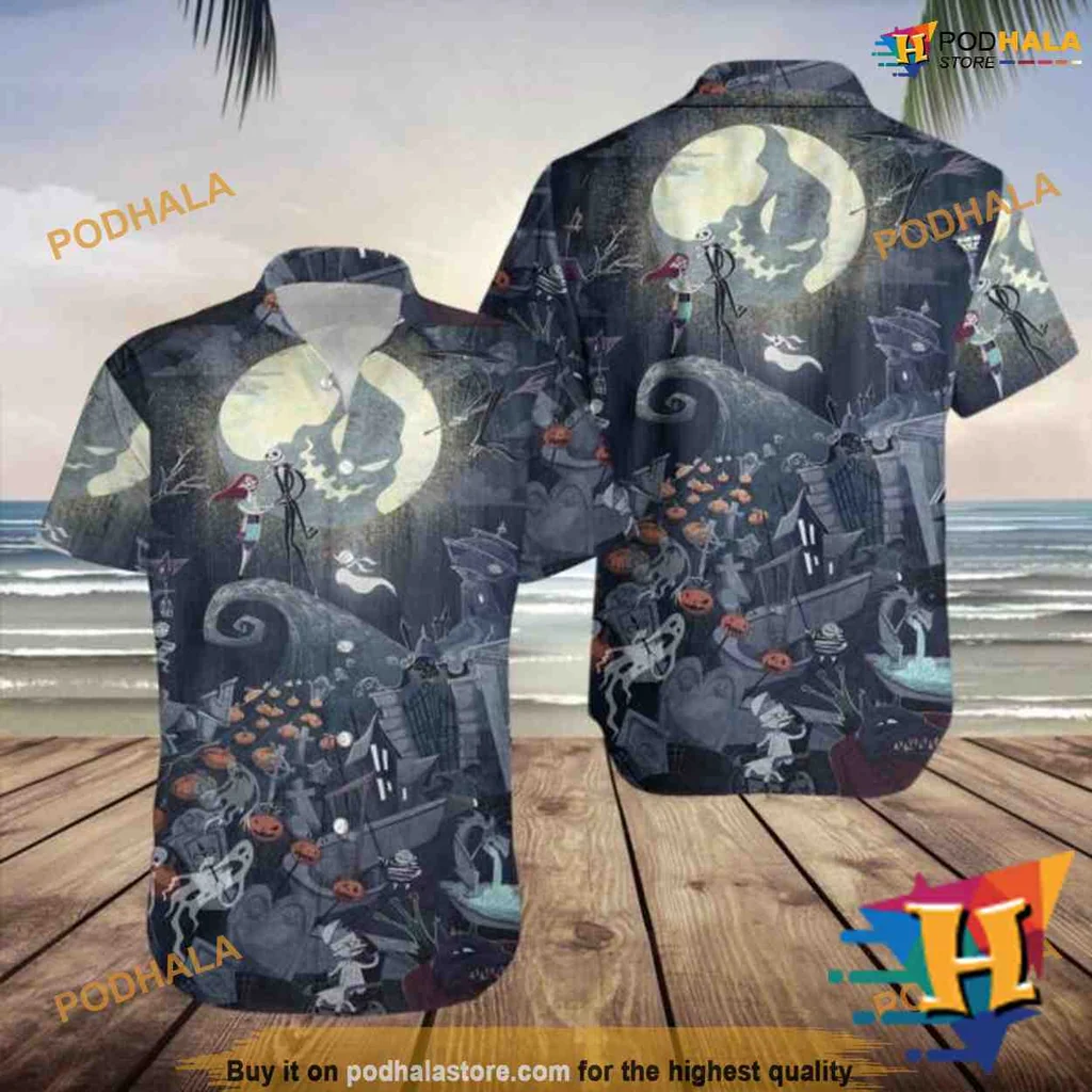 Jack Skellington Halloween Hawaiian Shirt With Spooky Landscape Design